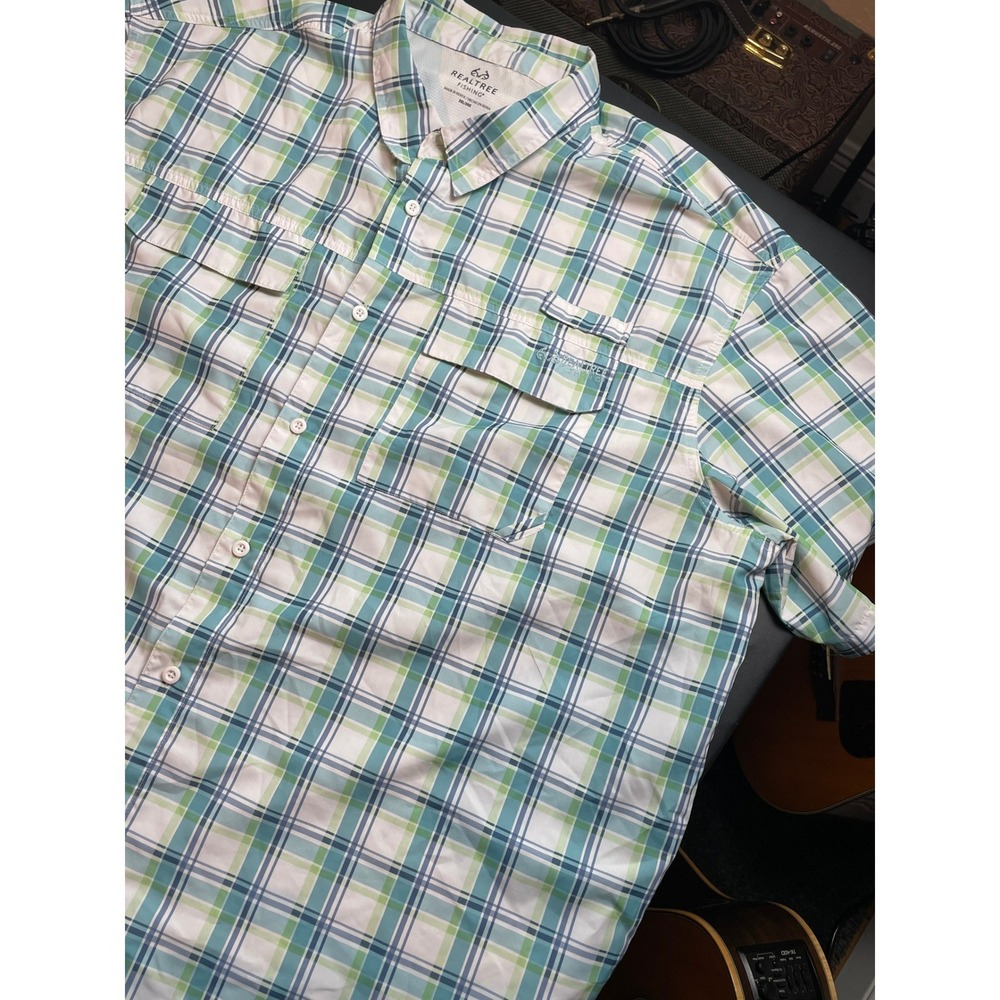 Realtree Vented Fishing Mens 3XL Blue Green Plaid Short Sleeve Shirt